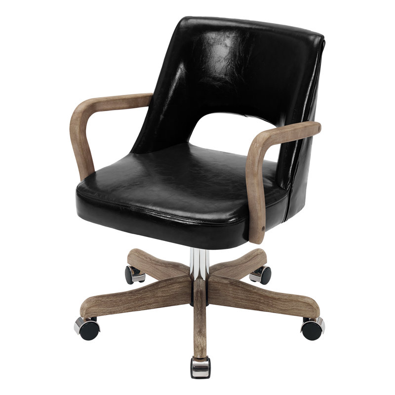 Chaise de bureau pivotante à hauteur ajustable avec roulettes - siège à dossier moyen en tissu, base en bois, With Arms