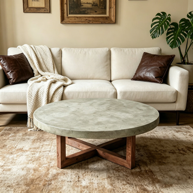 Solid Wood Coffee Table with Concrete-Look Finish