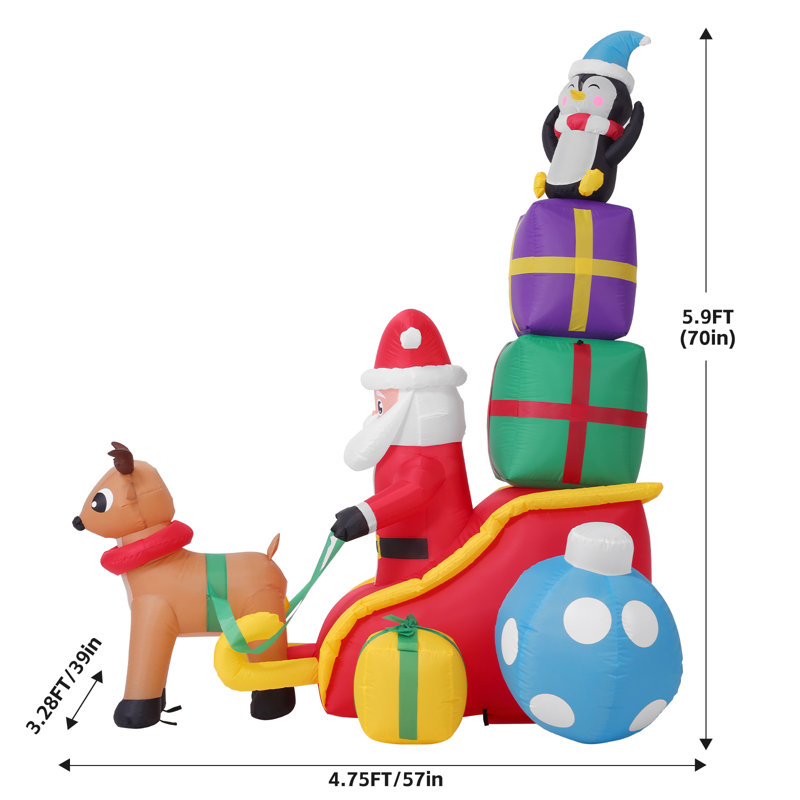 Inflatable Santa Claus On Sleigh With Reindeer And Penguin – 5.9 Feet Long With LED Lights