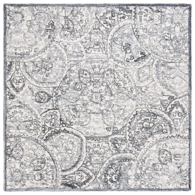 Tapis géométrique ivoire / gris en laine / coton touffeté à la main Bathilde, Carré 6 pi