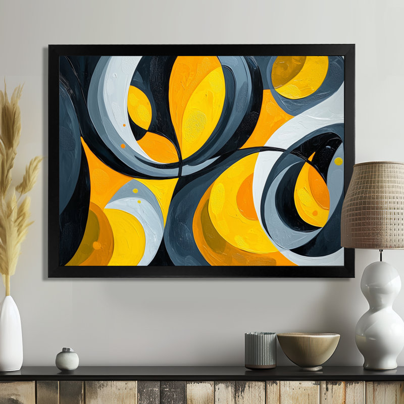 Jaune et gris Urban Jazz Note I - Abstract Still Lifes, art mural, H 30 po x l 40 po, Cadre simple, Noir, noir, noir, noir