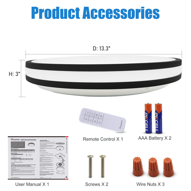Plafonnier encastré à capteur de mouvement à micro-ondes de 13 pouces à DEL, 24 W 4 000 K, à intensité variable, 10 à 100% avec télécommande, luminaire moderne à double anneau noir pour entrée de sous-sol de couloir, homologué cETL