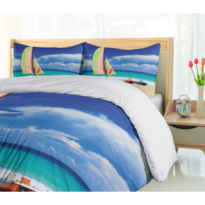Queen Size Coastal Beach Print Microfiber Duvet Cover Set