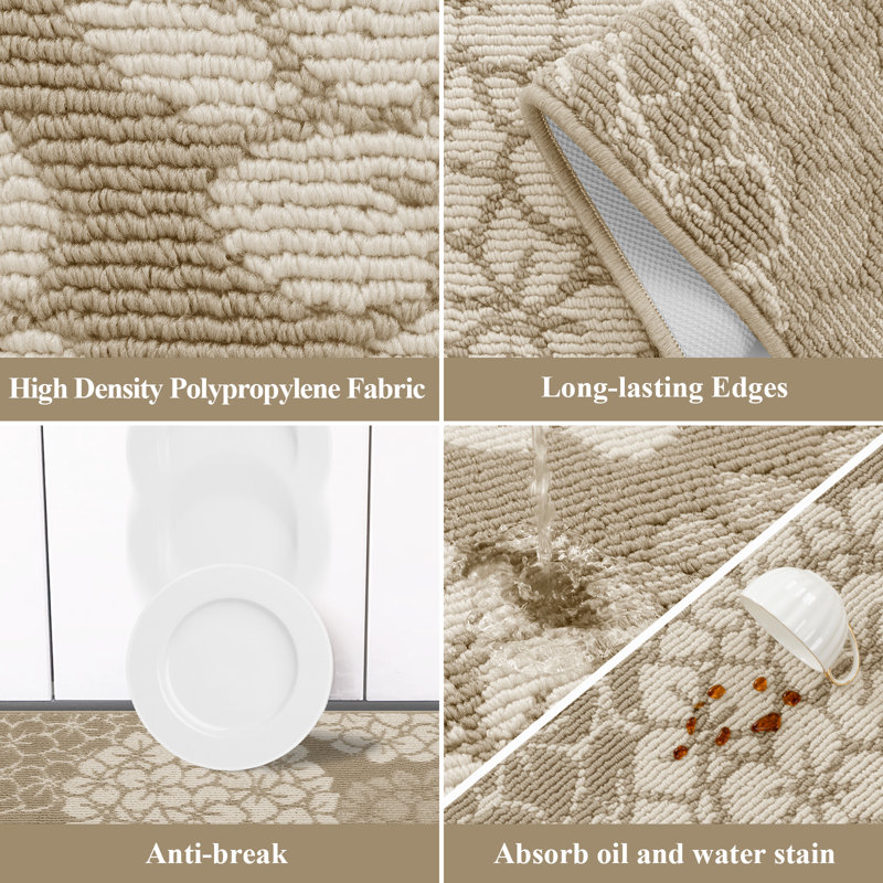 Hydrangea Stain-resistant Kitchen Mat (Set of 3), Beige