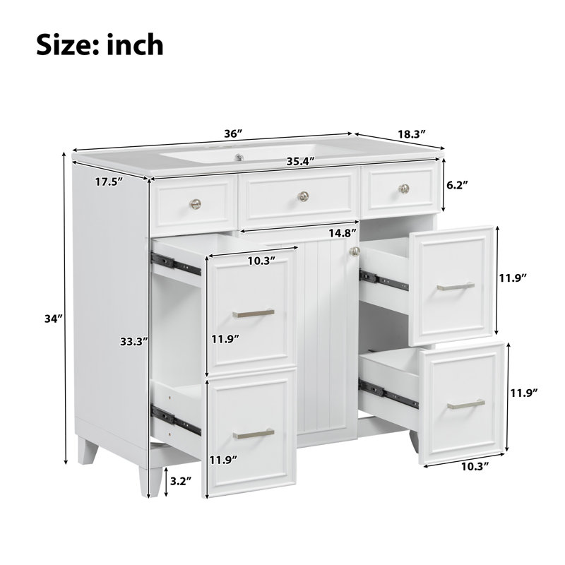 Zorindale 36" Green Bathroom Vanity, Ceramic Top, Solid Wood Frame, White
