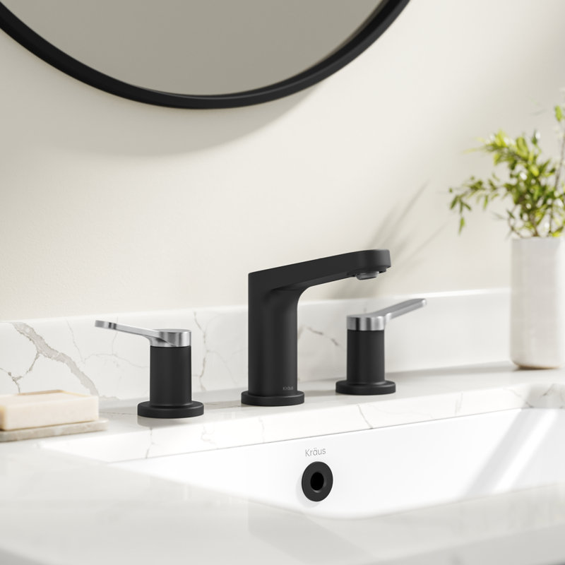 KRAUS Indy Widespread Bathroom Faucet In Spot-Free With 2 Handles, Pop Up Drain And Supply Lines, Stainless Steel/Matte Black