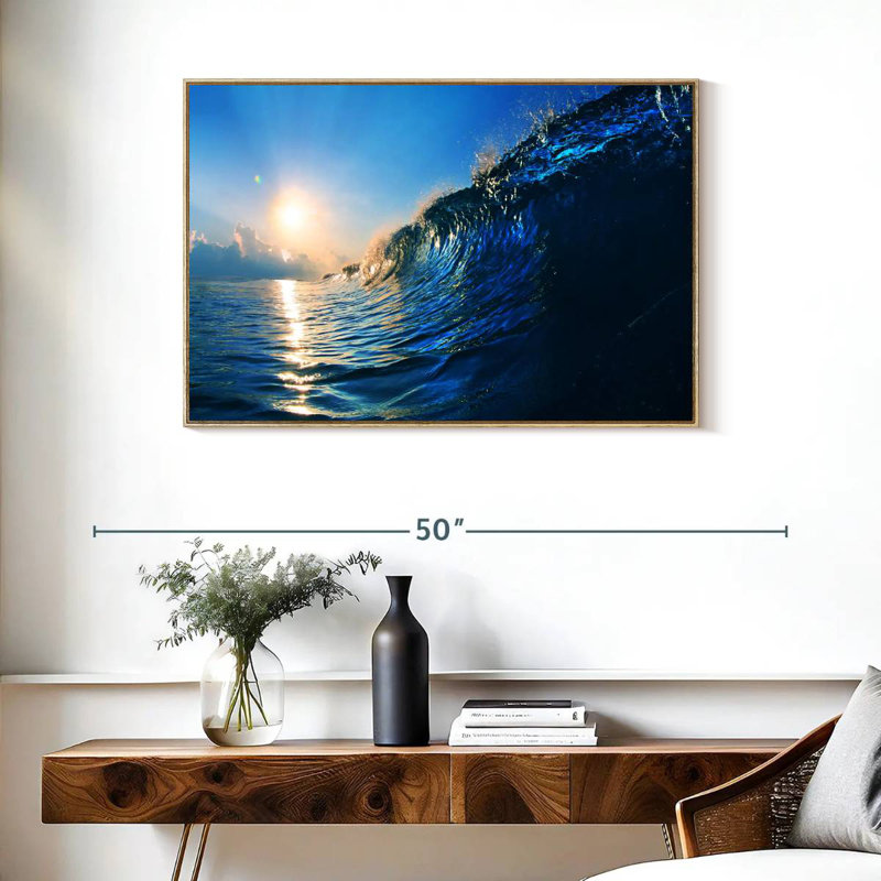 Blue Ocean Wave, Cadre flottant en bois naturel, 37 po x 25 po