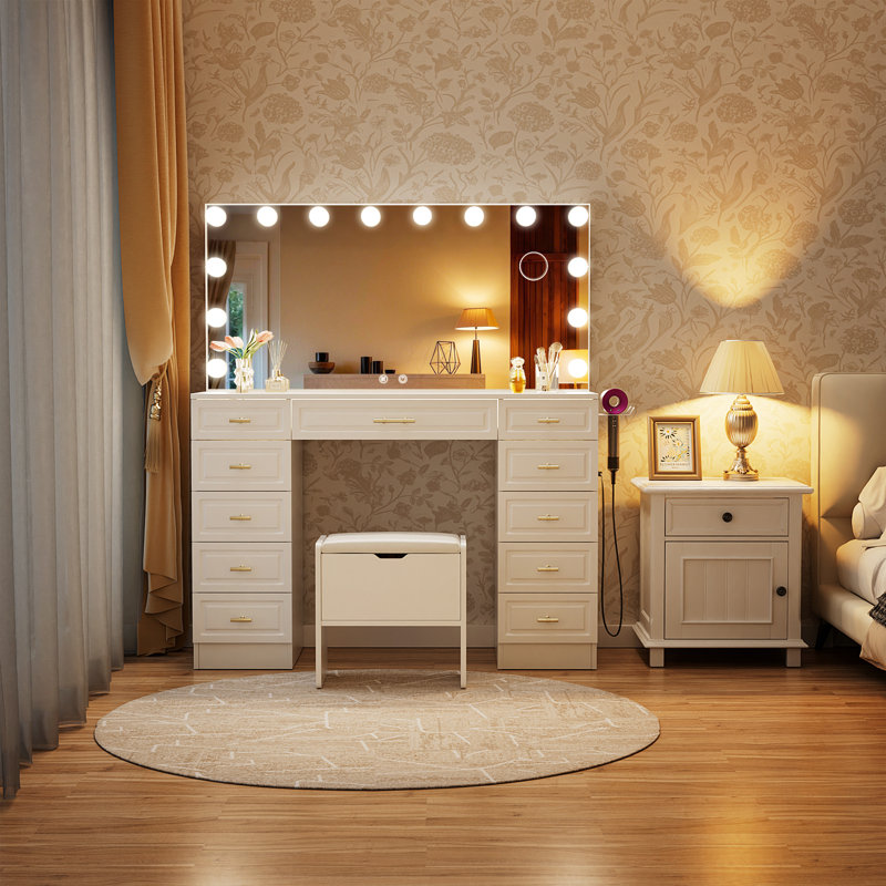 Makeup Vanity With Mirror And Lights, Vanity Table With 2 Bluetooth Speakers And 11 Drawers, White, White