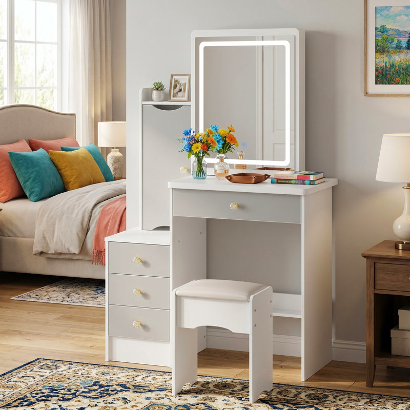 Ensemble de coiffeuse avec tabouret et miroir, Blanc / Gris