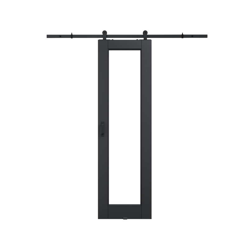 80in.1 Lite Clear Glass Black Door Slab Prefinished Surface With All Barn Door Hardware Kit, 24in.x 80in.