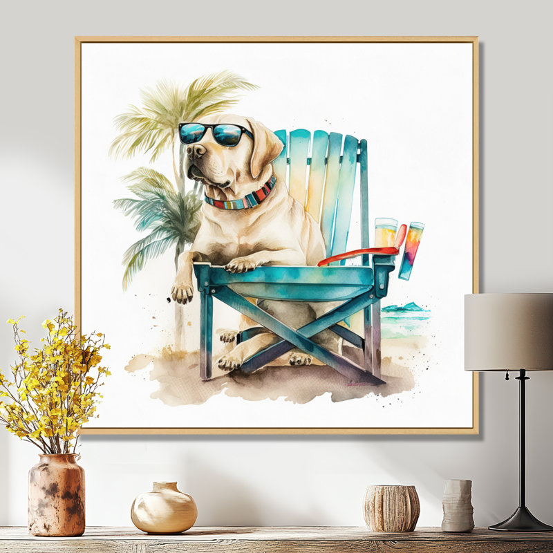 «Dog on Chair at the Beach II», reproduction sur toile, H 30 po x l 30 po, Cadre flottant érable