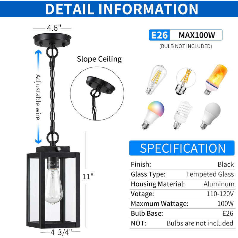 Luminaire suspendu d'extérieur câblé 11 po, Noir mat