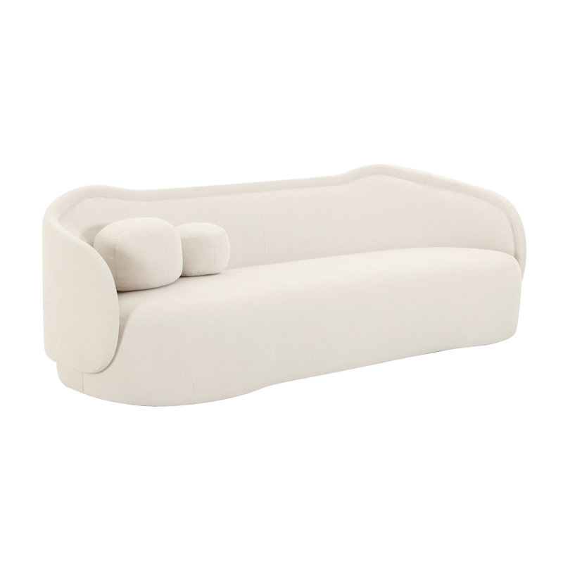 Cream Velvet Curved Herringbone Sofa with Wooden Legs