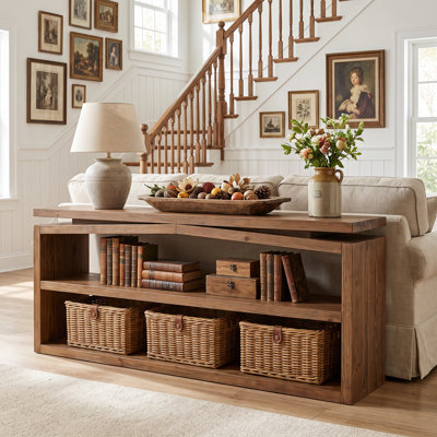 63" Solid Wood Console Table, Rustic Sofa Table with 3-Tier Open Storage