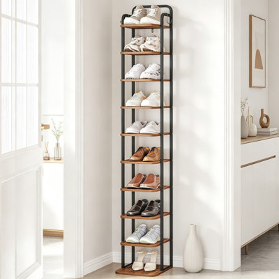 Range-chaussures vertical 10 niveaux, étagère à chaussures étroite étroite avec 2 crochets, tablettes réglables, rangement pour chaussures de coin pour petits espaces, vestibule, salon, brun rustique