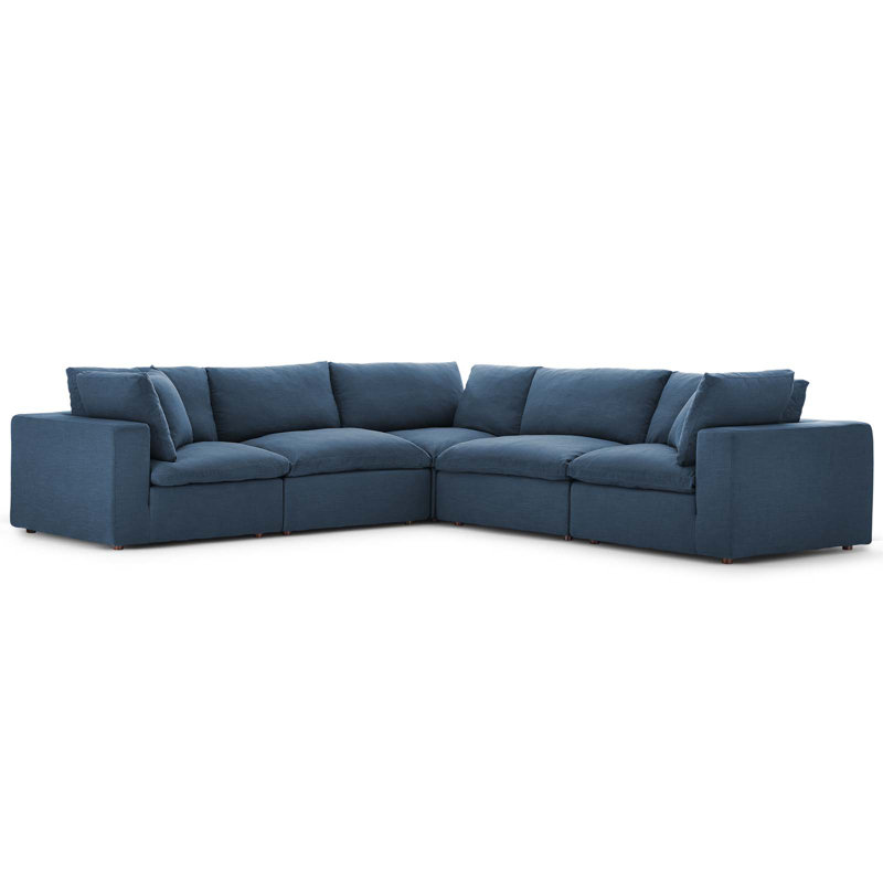 Commix Down Filled Overstuffed 5 Piece Sectional Sofa Set, Azure Polyester Blend 