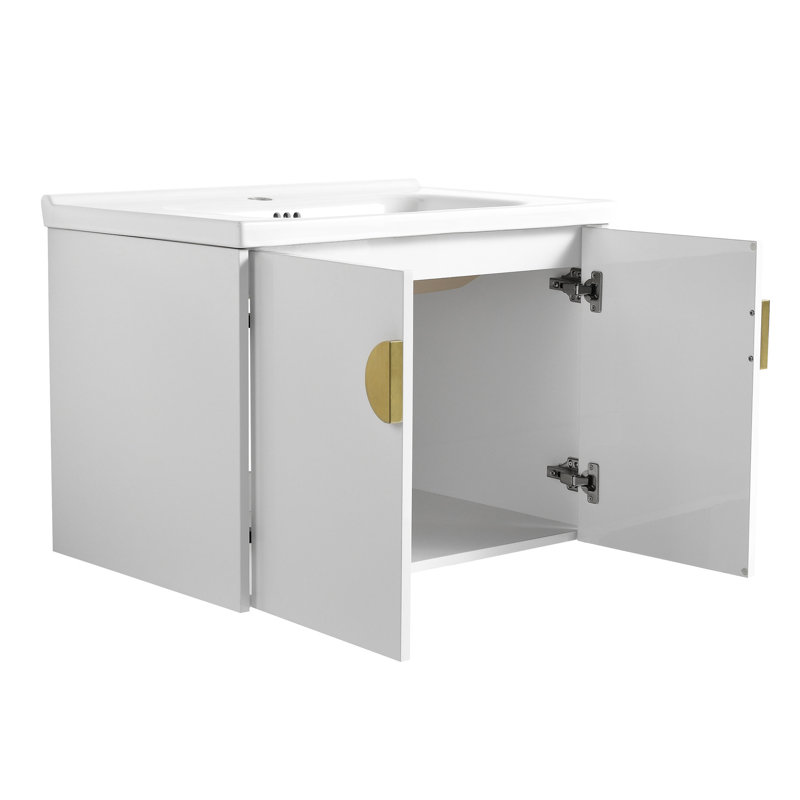Meuble-lavabo mural 28 po avec lavabo. Armoire 2 portes blanc brillant pour petites salles de bain. Offre un lavabo en céramique distinctif et des poignées en métal. (Monté, élégant