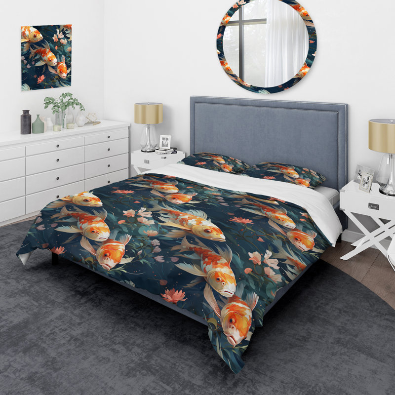 Ensemble de housse de couette Koi Fish Nishikigoi Watercolor II - Japanese, Housse de couette simple + 1 taie décorative stan