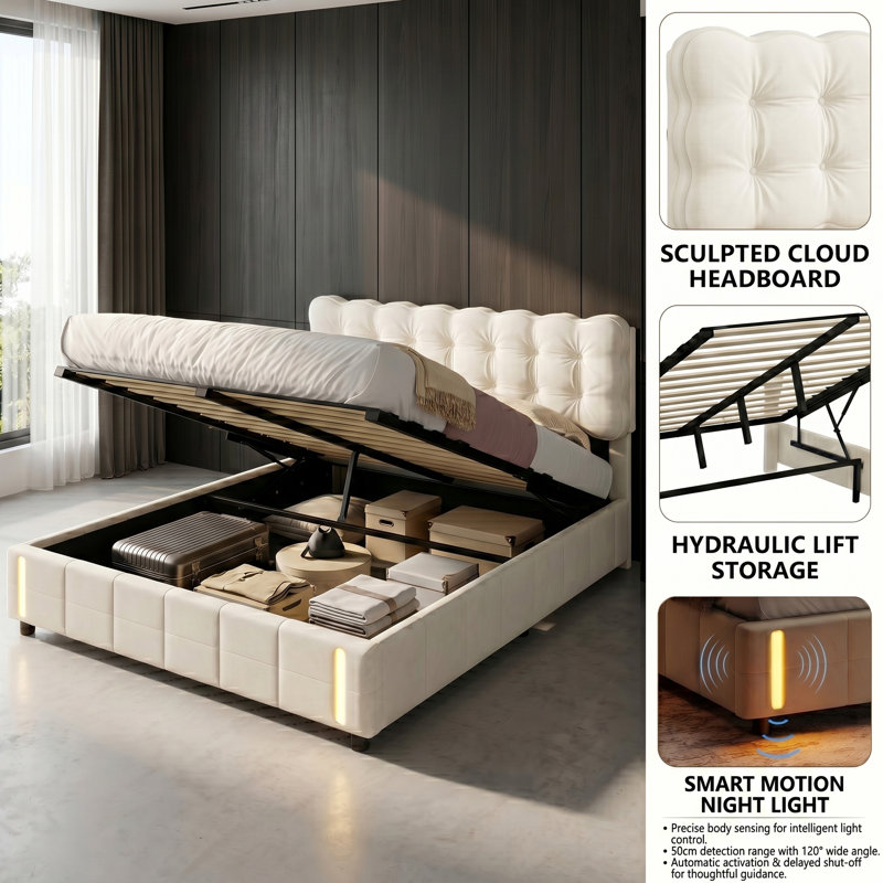 UK & EU Sizes Velvet Ottoman Bed With Motion Sensor LED Lights, Upholstered Cloud Tufted Frame, Beige, Double (4'6)