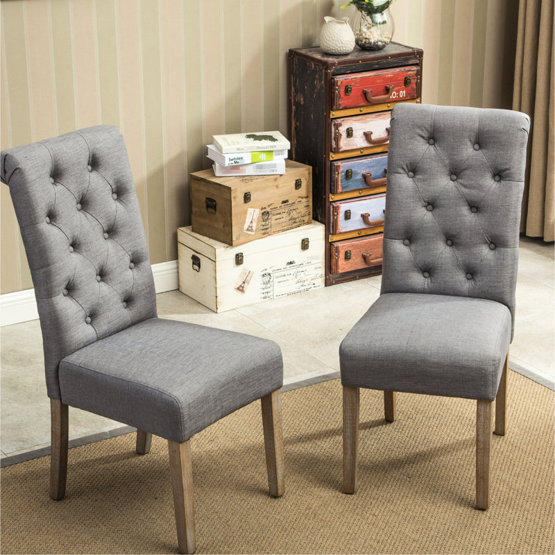 De 2 chaises de salle à manger en bois massif gris avec dossier et sièges rembourrés (2) Habit Détails du bouton de rembourrage confortable