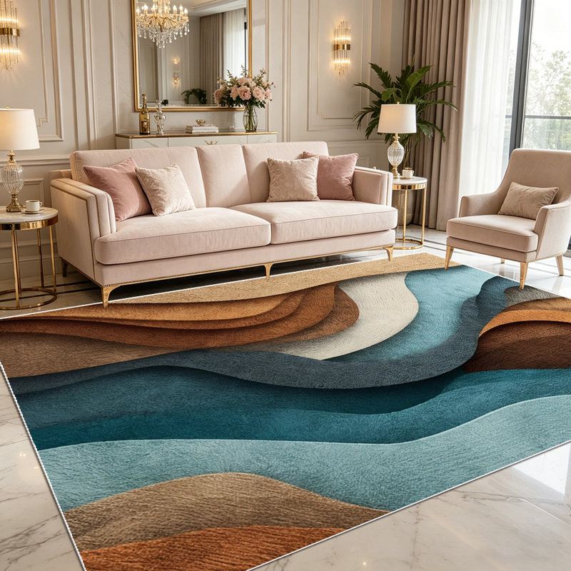 1PC Abstract Wavy Layered Terracotta Teal Neutral Modern area rugs for Living Room, Soft and Comfortable, easy-to-maintain, machine washable Indoor floor mat suitable for dining table area, bedroom, entryway, kitchen, home office, patio porch.