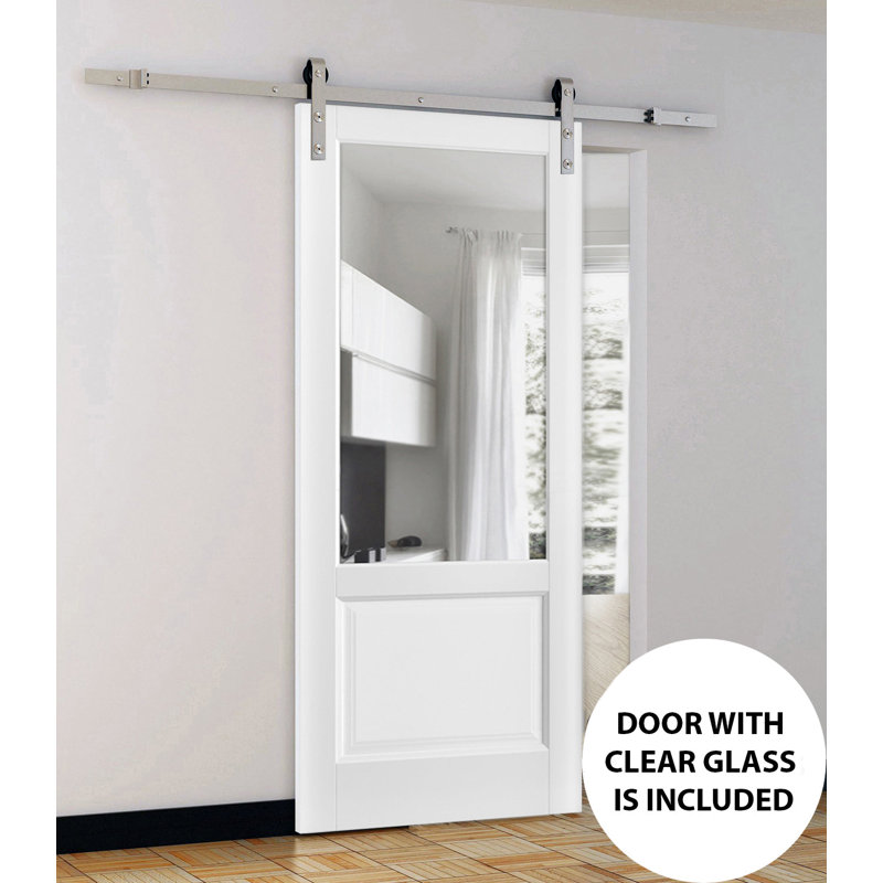 Porte de grange robuste 36 x 84 pouces Lucia 1533 Blanc soie avec verre clair, supports de rail en acier inoxydable de 6,6 pi, portes intérieures à panneaux pleins et lourds