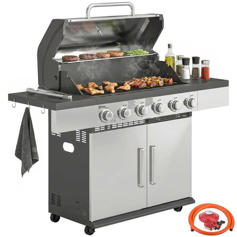 Outsunny 6 Burner Propane Gas BBQ Grill with Warming Rack, Silver