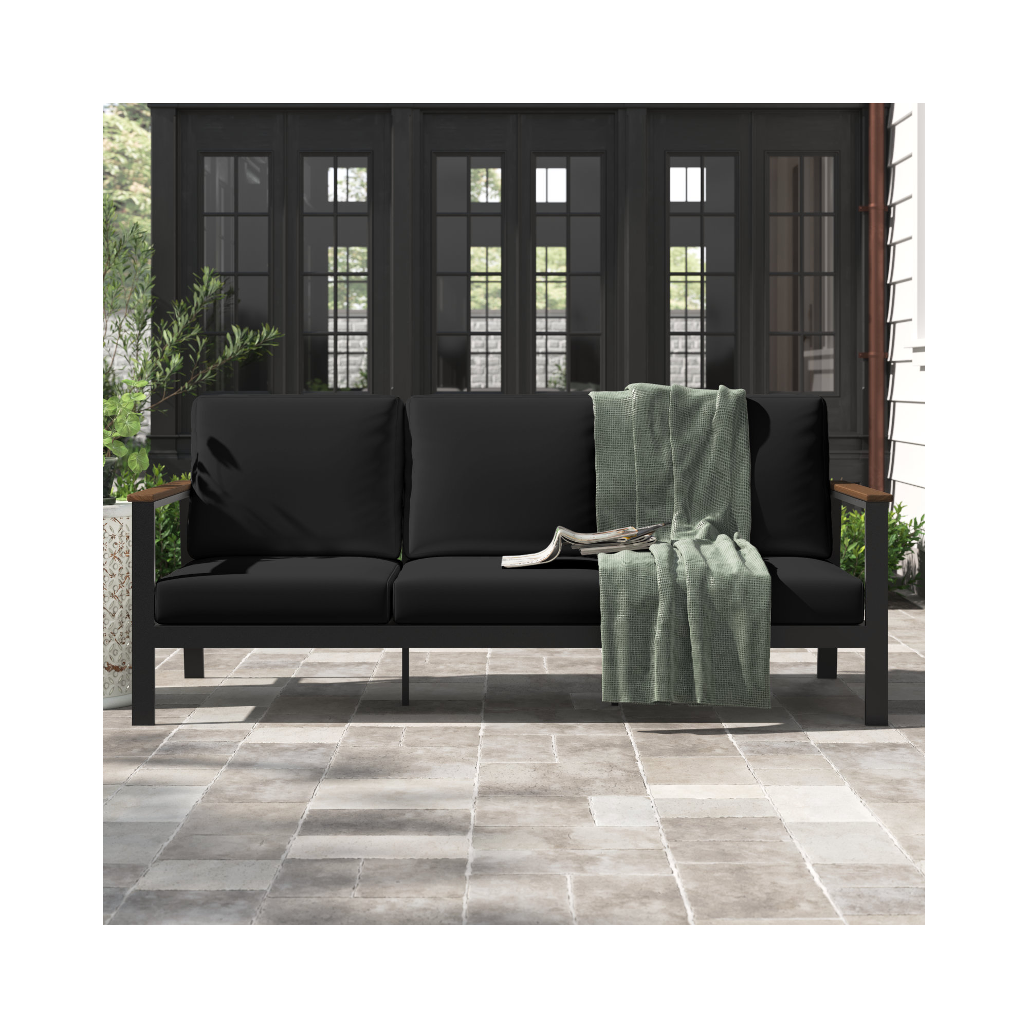 Townsend Outdoor Patio Sofa with Cushions, Canvas Black Sunbrella® Canvas