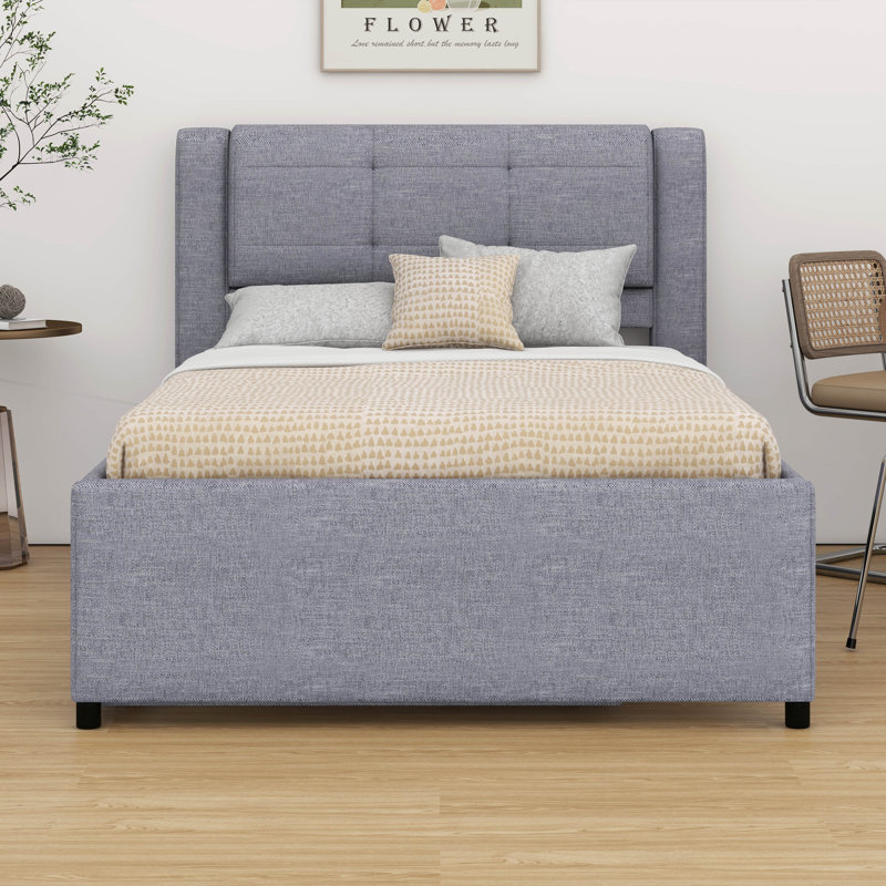 Full Size Upholstered Platform Bed With Linen Headboard – Trundle (Flat/Erected), No Box Spring Required, Grey