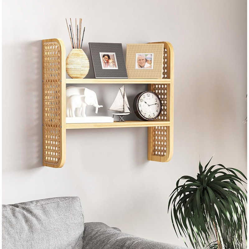 Handmade Woven Rattan Display Shelf 2-Tier Natural Rattan Bookshelf Wall Mounted