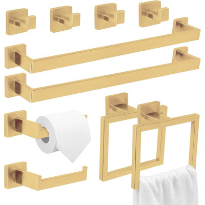 Ensemble de 10 accessoires de salle de bain dorés : barres porte-serviettes murales, anneau porte-serviettes, porte-papier hygiénique et crochets.