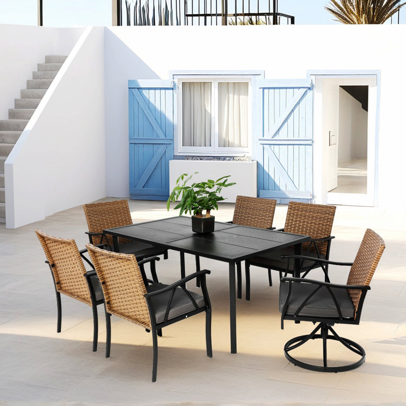 Ensemble de salle à manger 7 pièces pour patio, table de salle à manger d'extérieur avec 2 chaises pivotantes et 4 fauteuils