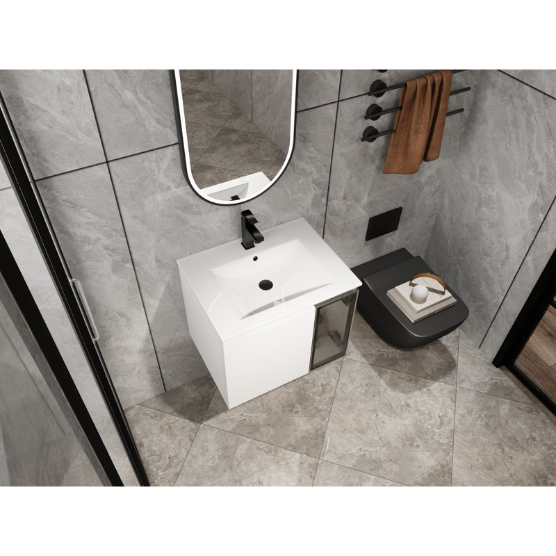 Glossy White Modern Bathroom Vanities With Ceramic Sink, Space-saving Design