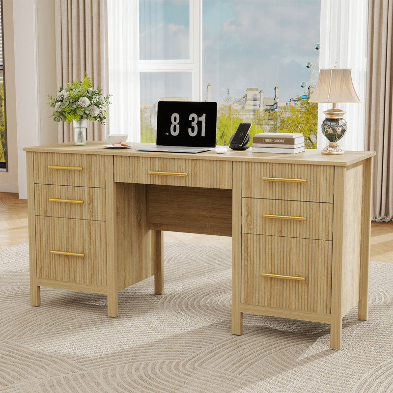 60" Fluted Executive Desk with Storage Drawers, Home Office Desk with File Drawers