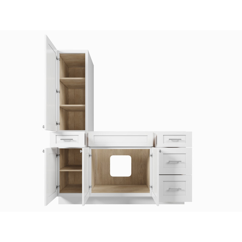 Disar 60'' Single Bathroom Vanity With Left Tall Linen Cabinet Dovetail Solid Wood Drawer Base Only, White