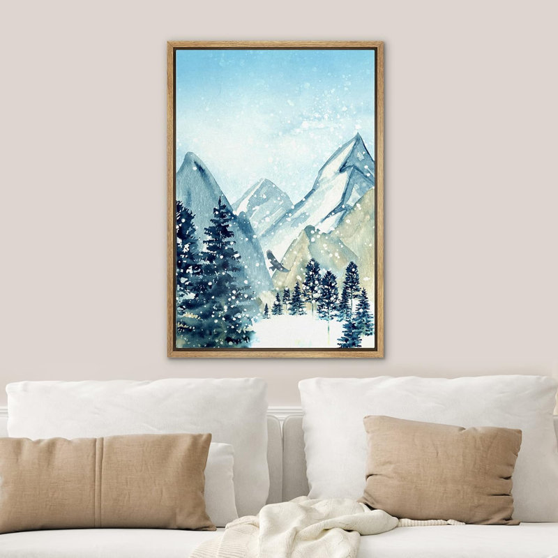Paysage de forêt boisée «Winter Snow Pastel Watercolor Mountain» sur, Cadre flottant naturel, H 24 po x l 16 po