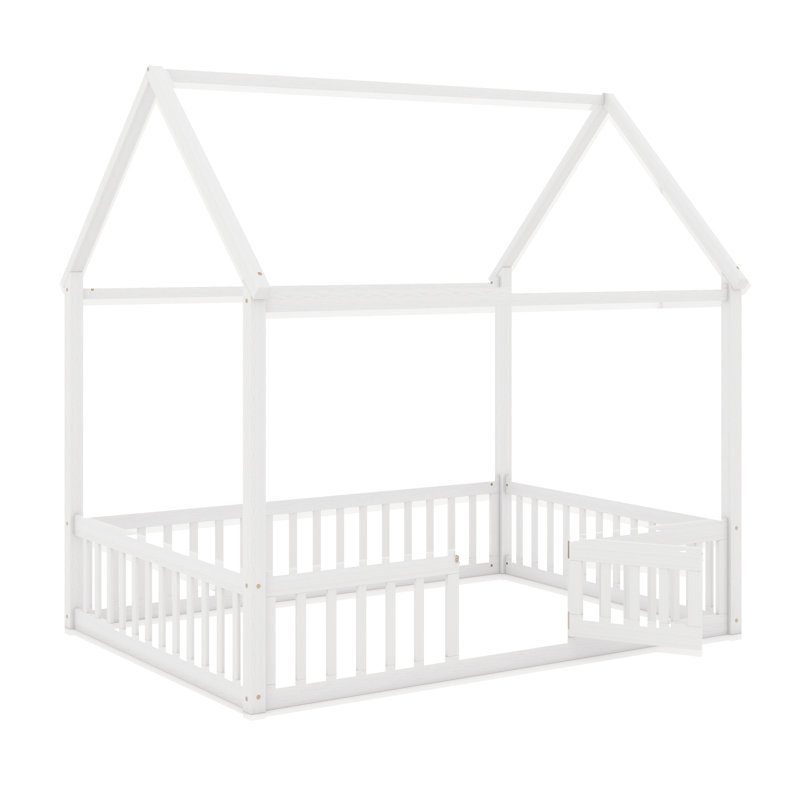 Lit double en bois Ajanay avec clôture et porte, Blanc