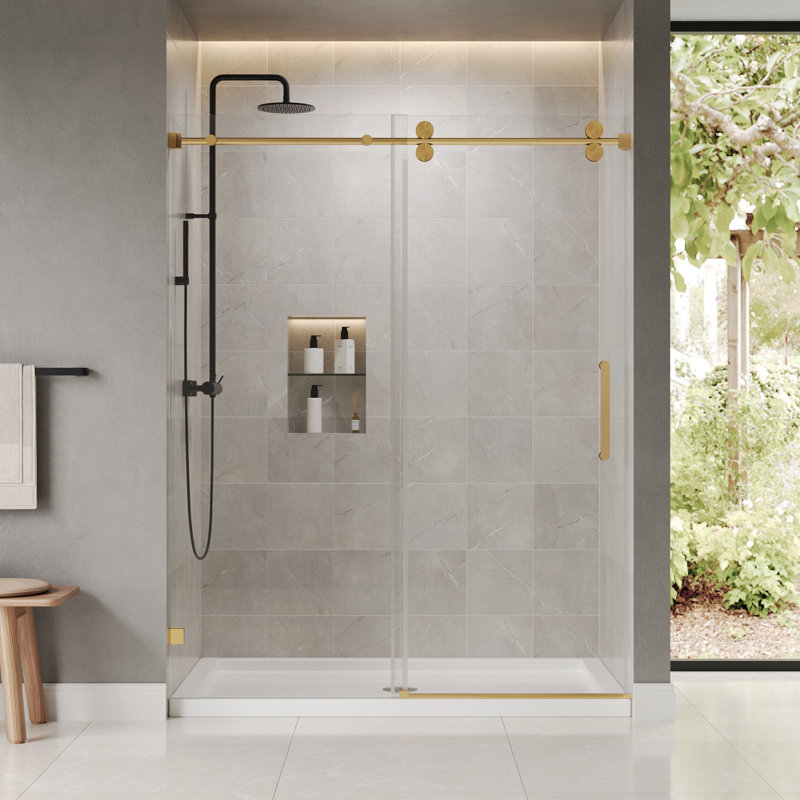 DeerValley 56" - 60" W x 76" H Single Sliding Frameless Shower Door with 3/8"(10mm) Tempered Glass, Stainless Steel Accessories