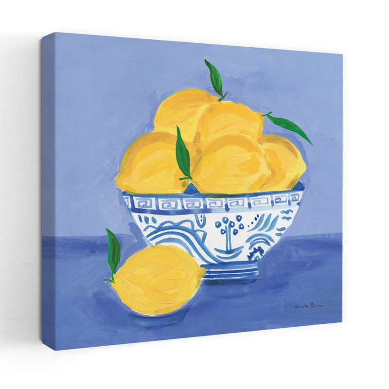 Art contemporain contemporain au citron avec bol bleu, H 18 po x l 18 po