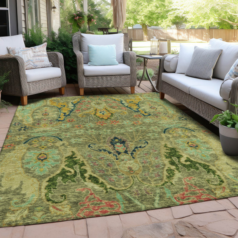 Machine Washable Indoor/Outdoor Xhevrie Green Rug, Rectangle 5' x 7'6"