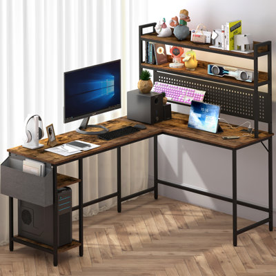 Bureau en forme de L, bureau d'ordinateur en coin réversible avec prise de courant et lumière DEL, bureau de jeu avec tablette de rangement et support pour écran, brun rustique