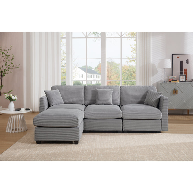 Bustamante 4-seats L-shape Sofa Couch With Ottoman, Light Gray