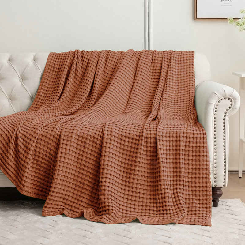 Jeté doux et léger en coton et viscose de bambou tissé gaufré toutes saisons, Orange brûlé, Lit simple