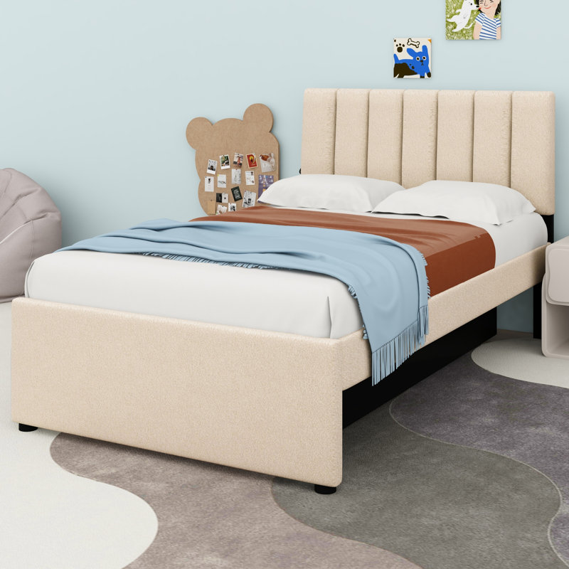 Lit plateforme tapissier avec lit gigogne, Beige