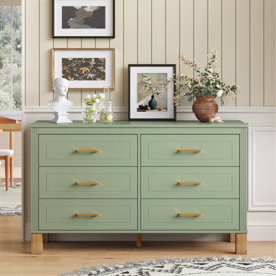 6-Drawer Double Dresser in Sage Green, Modern Storage Cabinet with Metal Handles & Solid Wood Legs, Dresser Drawer Organizer for Kids Bedroom, Heavy-Duty Wooden Dresser with Pre-Installed