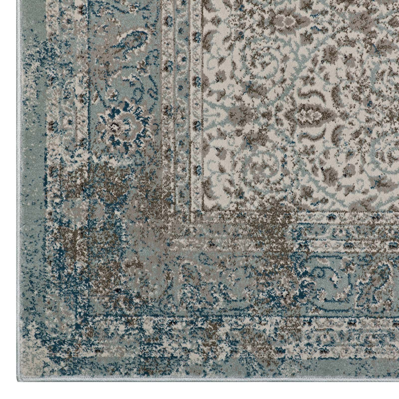 Modway Dilys Distressed Vintage Floral Lattice Area Rug In Teal, Brown and Beige, Rectangle 8' x 10'