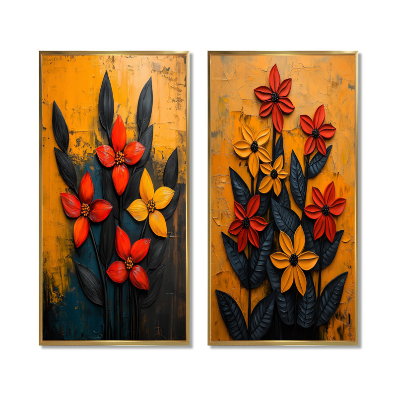 Automne, plantes, pétales de la saison I - Art sur toile floral, 2 pièces, Cadre flottant doré, H 28 po x l 25 po