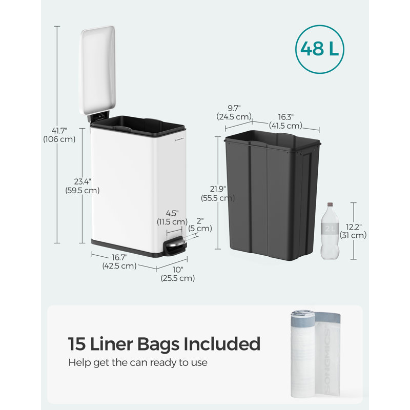 Poubelle à pédale 13 gallons avec couvercle, fermeture en douceur, seau intérieur, Blanc