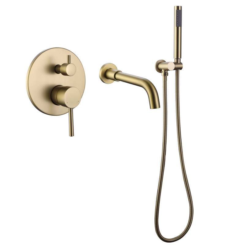 7.28" Wall Mounted Tub Filler, Solid Brass Bathroom Tub Faucet with Hand Shower, Brushed Gold