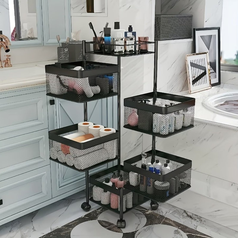 Panier à fruits pour la cuisine sans assemblage, support de rangement rotatif pour la cuisine, étagère de salle de bain, organisateurs et chariot de rangement sur roulettes, organisateur de rangement pour pommes de terre et oignons (noir, carré à 5 niveaux)